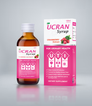 Ucran Syrup packing, showing the bottle and box with branding and cranberry extract information.