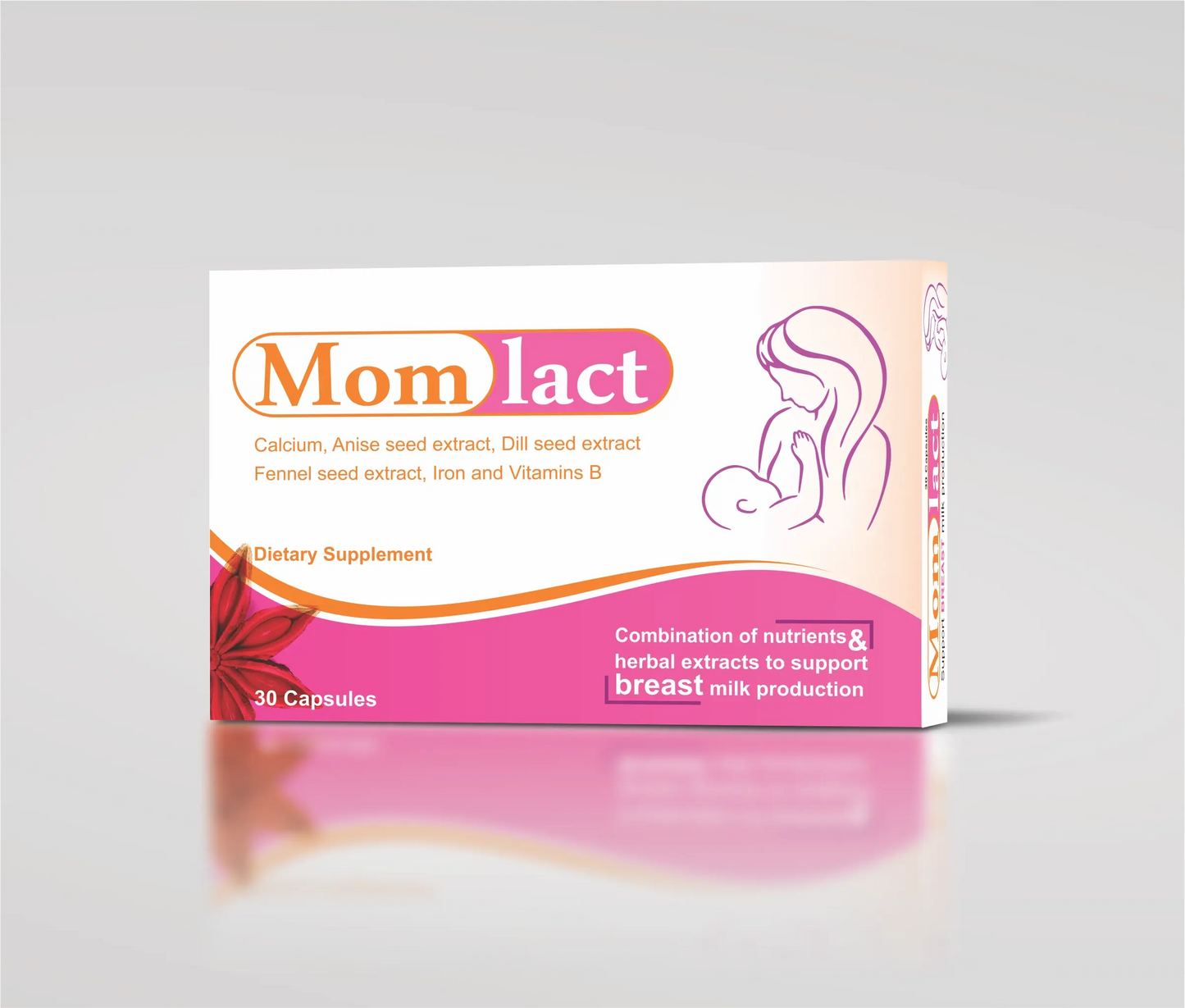 Momlact dietary supplement box for breast milk production on a gray background