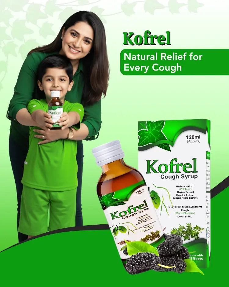 Woman and child holding Kofrel Cough Syrup with product packaging on a green background