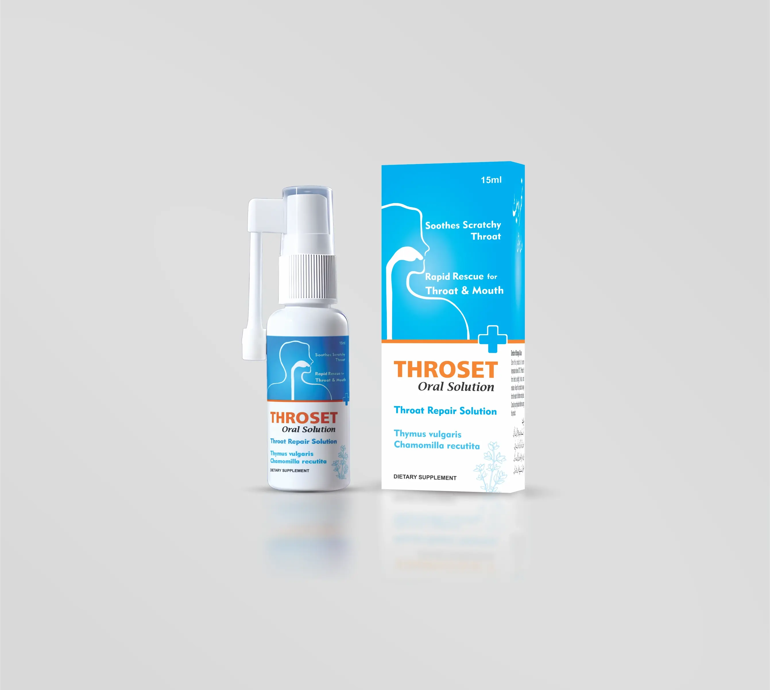 Throset Oral spray bottle with packaging for throat care solution by Lords Healthcare.
