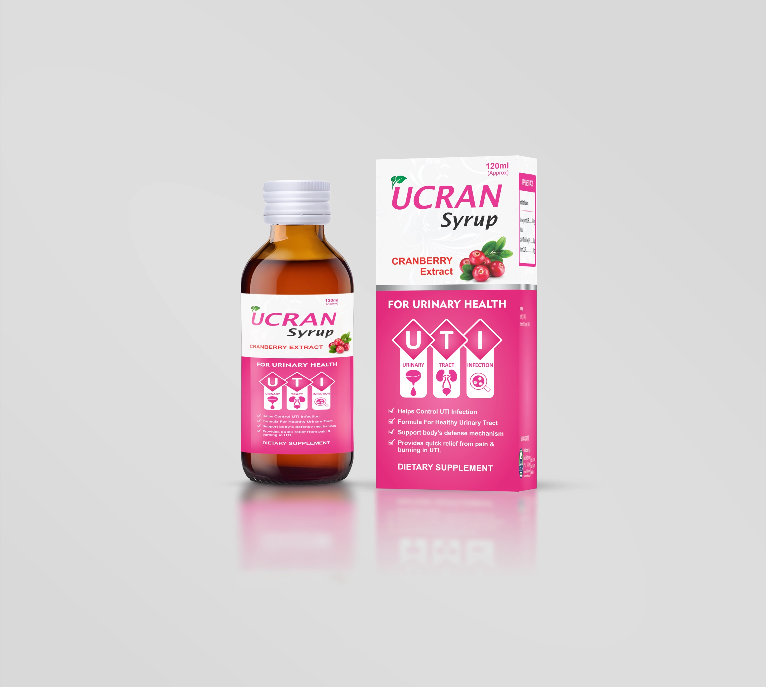 Ucran Syrup cranberry extract in a 120ml bottle for urinary health by Lords Healthcare.