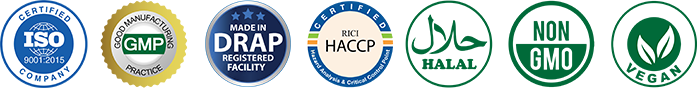 ISO 9001, GMP, DRAP, HACCP, Halal, NON GMO certifications
